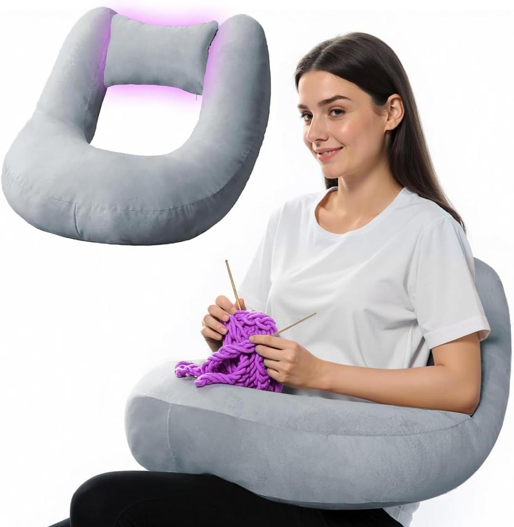 Crochet Pillow for Lap Support - Reading Pillow for Laptop with Extra Back Pillow for Support, Enlarged Gaming Pillow for Lap, Multi-Purpose Reading Pillow for Gaming/Working/Crocheting, Grey