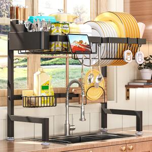 ADBIU Over The Sink Dish Drying Rack (Expandable Height and Length) Snap-On Design 2 Tier Large Dish Rack (Black)