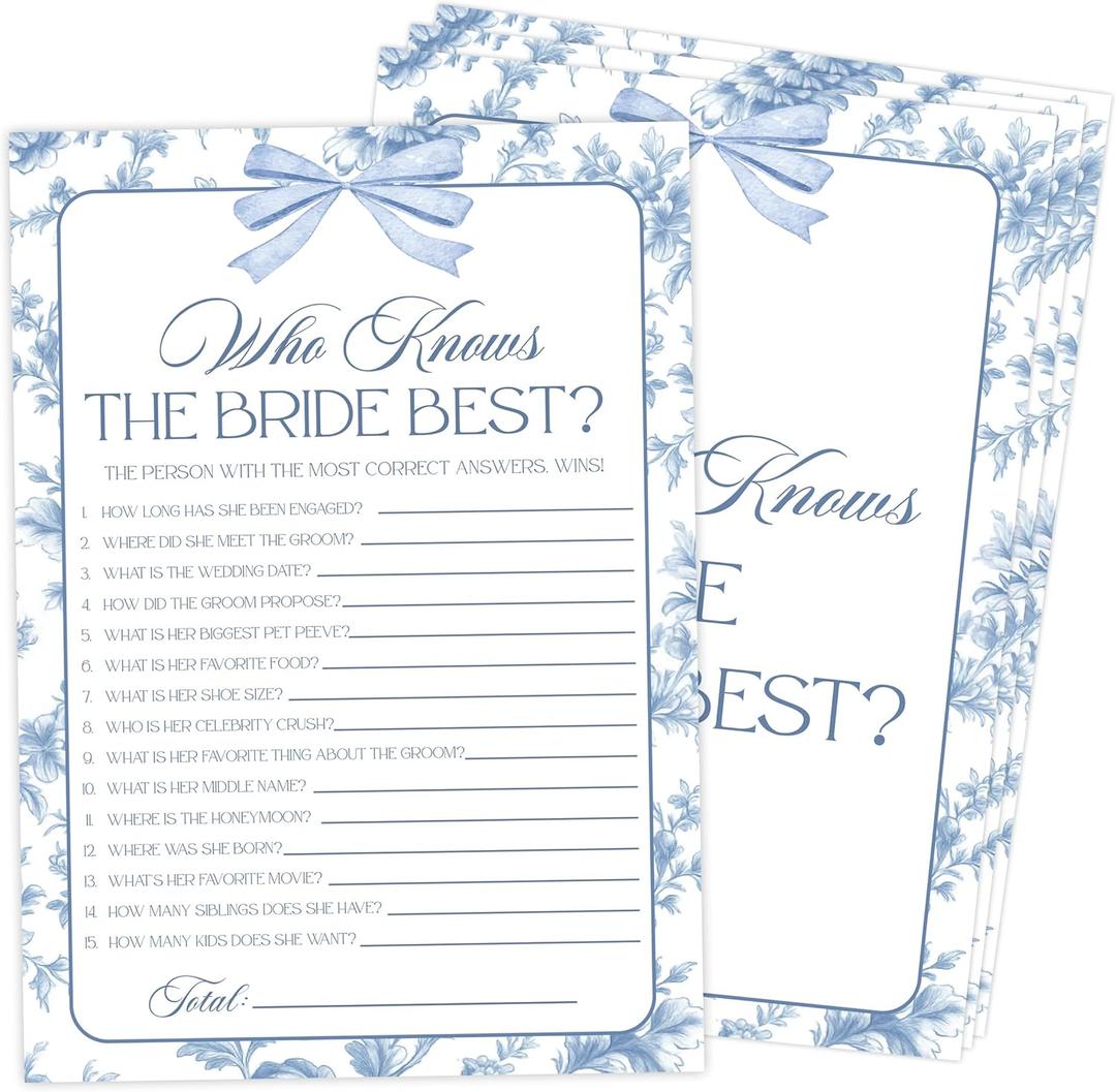 Something Blue Before I Do Who Knows The Bride Best Bridal Shower Game, Pack of 30 Game Cards, Vintage Bridal Shower Decorations, Wedding Engagement Decor, Bachelorette Party Supplies - KR19