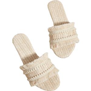 OYOANGLE Women's Fringe Straw Sandals Crochet Open Toe Single Band Flat Slip On Sandals (8.5, Beige)