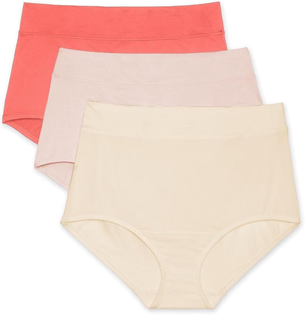 Warner's Women's Blissful Benefits Dig-Free Seamless Brief 3-Pack (Large, Rosewater / Pearled Ivory / Coral)