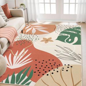 Lahome 4x6 Area Rugs, Washable Rug 4x6 for Living Room Soft Carpet for Bedroom Nursery Kids Room, Botanical Print Non-Slip Low Pile Carpet for Entryway Office Playroom Kitchen, Coral