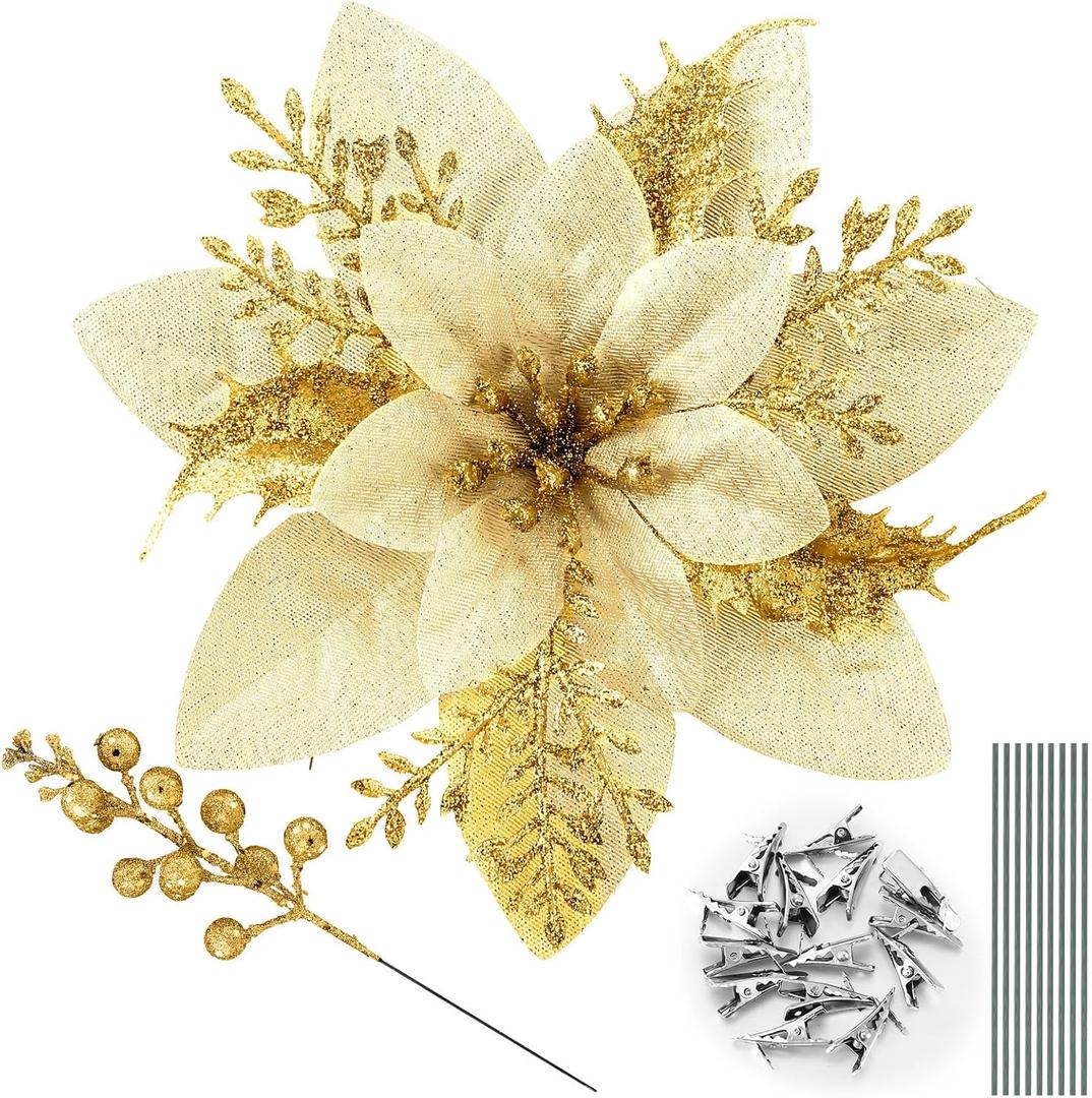 65pcs Gold Christmas Poinsettia Artificial 5.9", Glitter Berries with Stems, Clips for Christmas Tree Decoration, Wreath Ornaments for Xmas Wedding Party Decoration