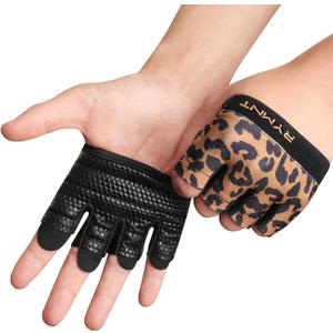 RYMNT Minimal Workout Gloves, Short Micro Weight Lifting Gloves Grip Pads with Full Palm Protection & Extra Grip for Men Women Weightlifting, Gym, Cross Training, Powerlifting, WODs.Leopard-Small
