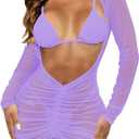 HUUSA Swimsuits Coverups for Women Long Sleeve Bathing Suit Cover Up Drawstring Mesh Sheer Dress 2025 Trendy (Purple, L)
