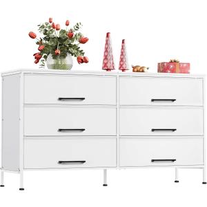 WLIVE 6 Drawer Dresser for Bedroom Large, Fabric White Dresser TV Stand for 55, 60, 65, 70 inch TV, Wide Long Chest of Drawers with Deep Drawer for Closet, Bedroom, Living Room, Hallway