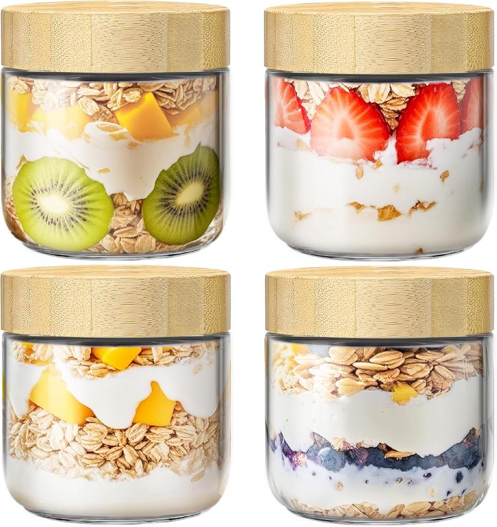 4 Pack 10oz Overnight Oats Containers with Bamboo Lids, Glass Jars with Airtight Lids for Meal Prep, Wide Mouth Mason Salad Jars, Glass Food Storage Container for Yogurt Chia Snacks Spice Sugar