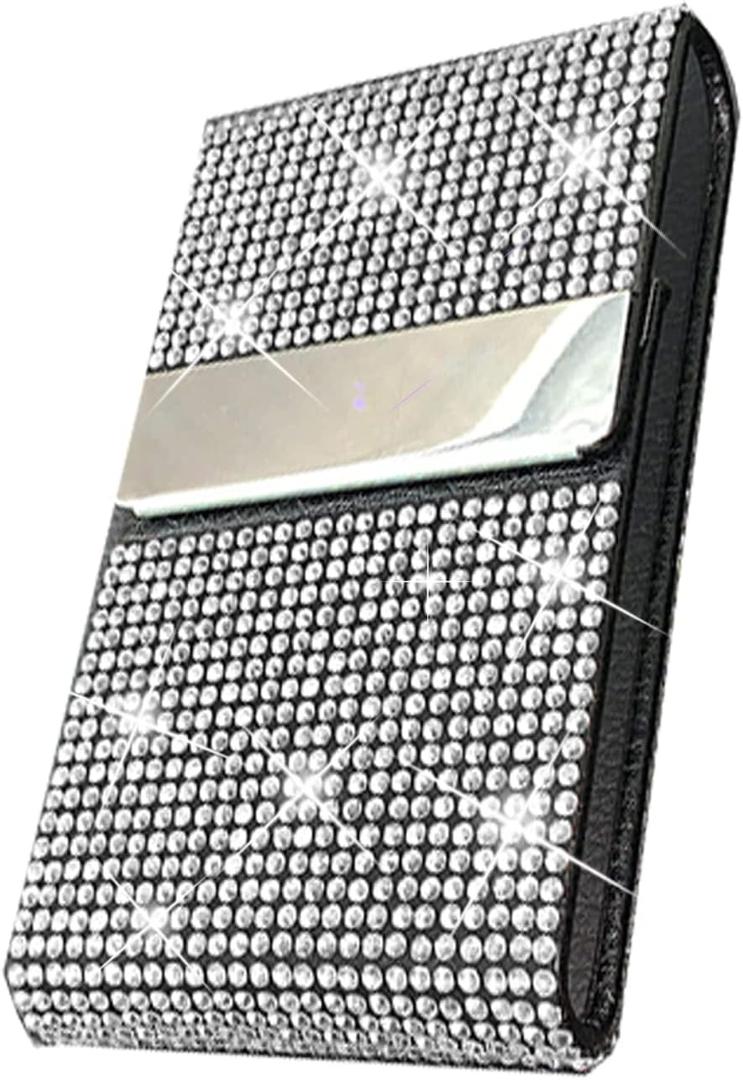 Bling Business Card Holder, PU Leather Case with Crystal Diamonds Rhinestones, Metal Pocket with Magnetic Closure