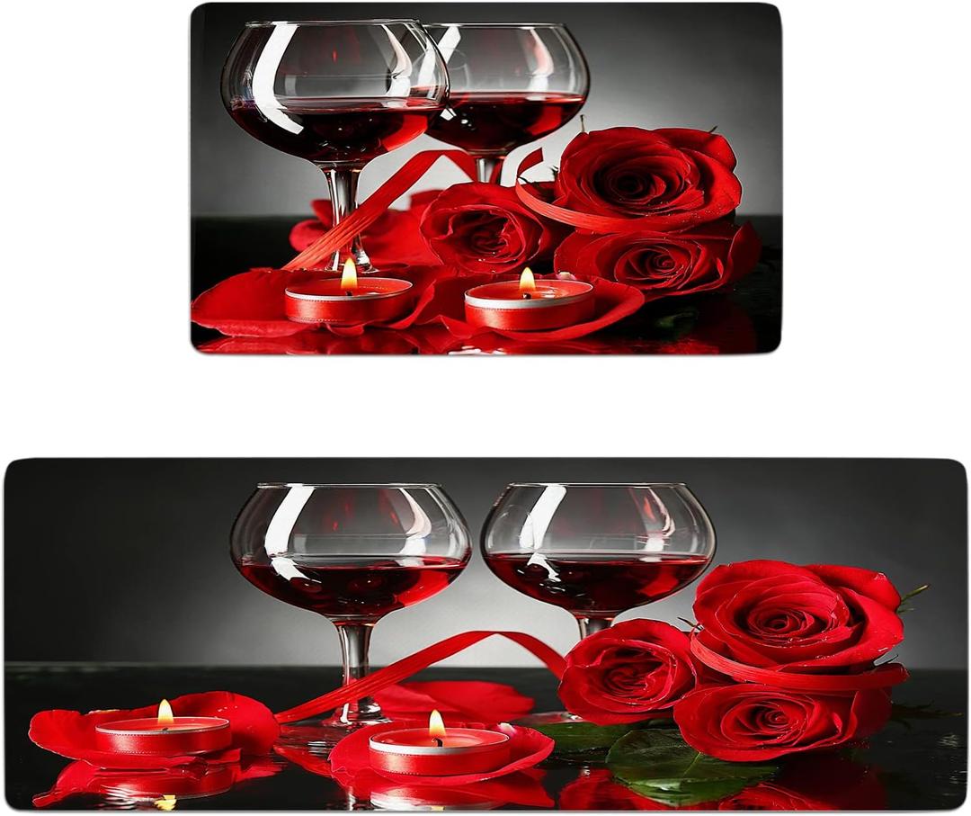 Red Kitchen Rugs and Mats Set of 2 Red Rose Cushioned Anti Fatigue Kitchen Rugs Set Non-Skid Washable Kitchen Floor Mats Runner Rug for Kitchen Sink Laundry (Red)