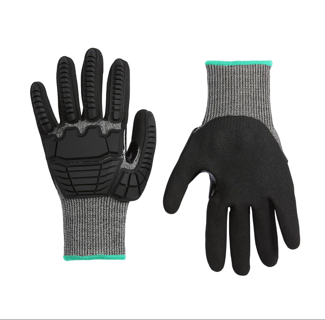 Amazon Basics 10 Pairs Impact Protection Gloves with Touch Screen Friendly 15G Sandy Nitrile Palm, Black, Size Large, 10 Count