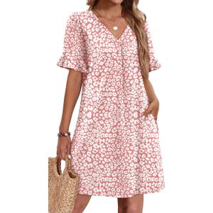 OFEEFAN Summer Dresses for Women Ruffle Short Sleeve V Neck Casual Shift Dress with Pockets (S)