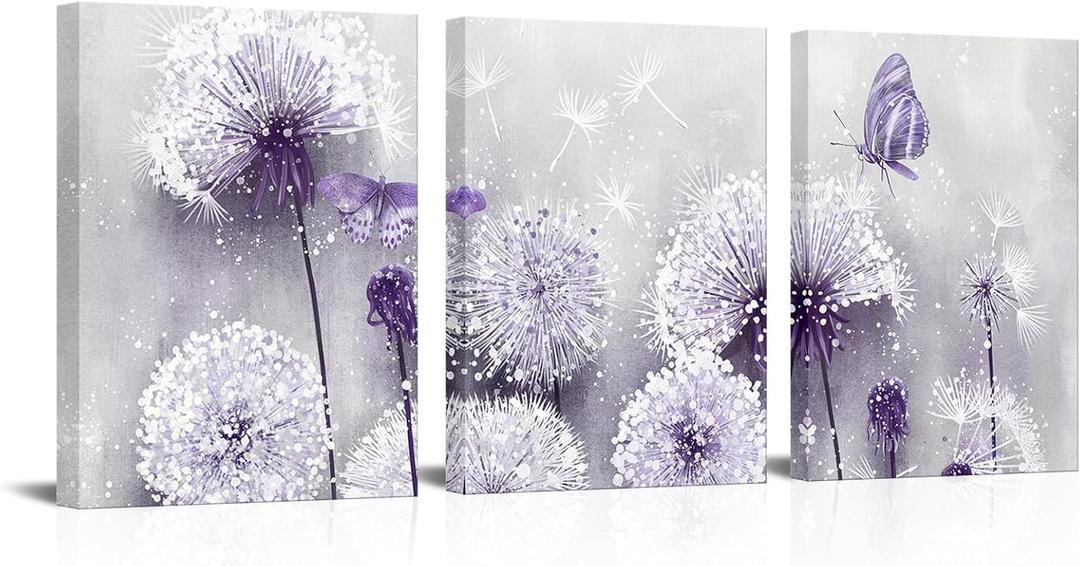 iHAPPYWALL 3 Pieces Lavender Dandelion Canvas Wall Art Abstract Wish Flower Butterfly Picture for Bathroom Bedroom Kitchen Wall Decor Ready to Hang 12x16inchx3pcs (Purple)