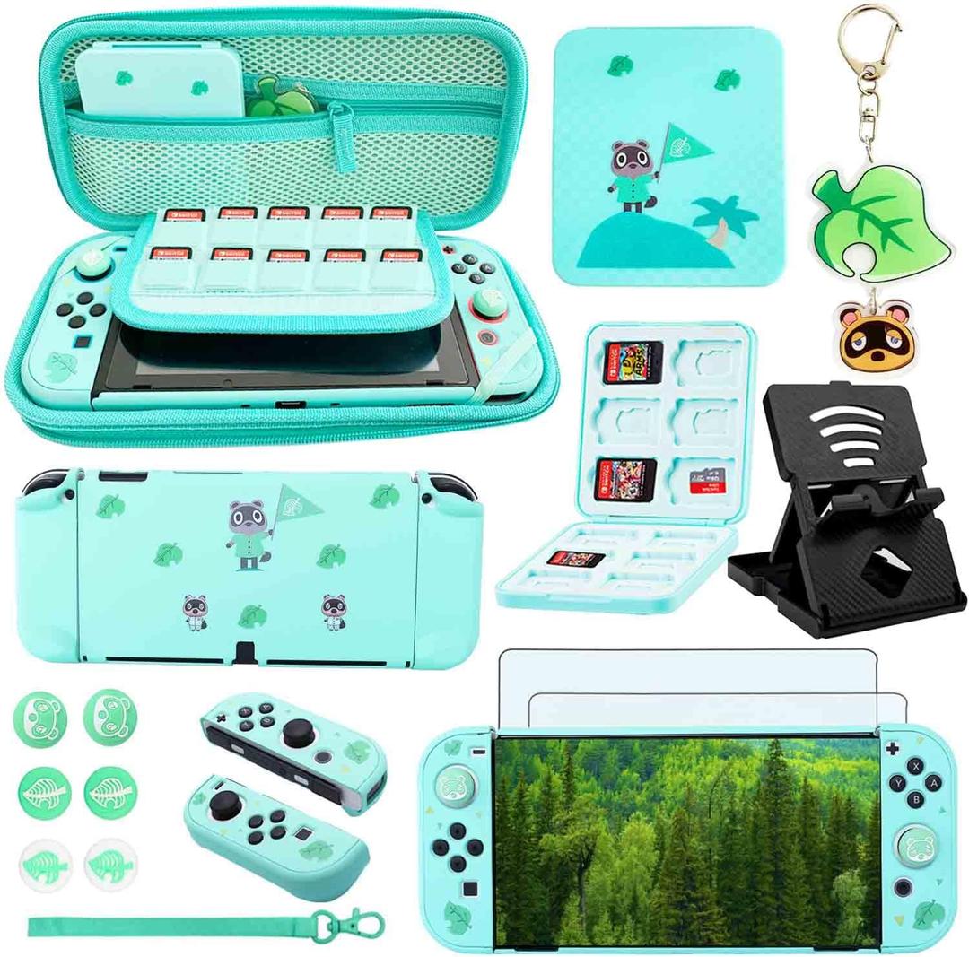 Accessories Bundle for Nintendo Switch OLED Animal Crossing Model 2021 - YOOWA Accessory kit NS Oled Animal Crossing Set with Carrying Case Protective Cover Screen Protector Game Card Holder Stand