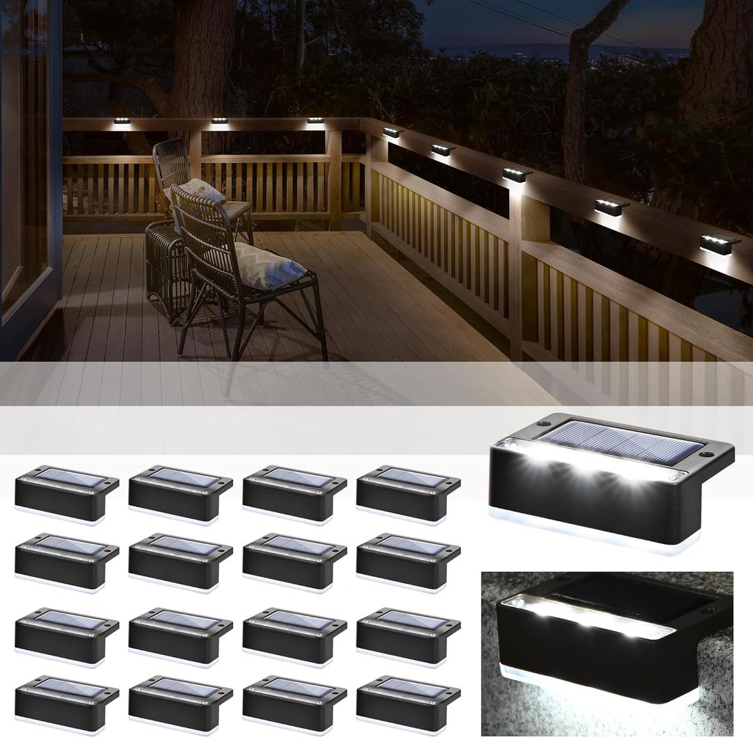 SOLPEX Solar Fence Lights, 6 LEDs Solar Lights Outdoor Waterproof Solar Powered for Deck, Stair, Front Porch, Balcony, Walkway, Garden, Yard, Patio, Pool Decor, IP65 Waterproof (16 Pack, Cold White) (Black)