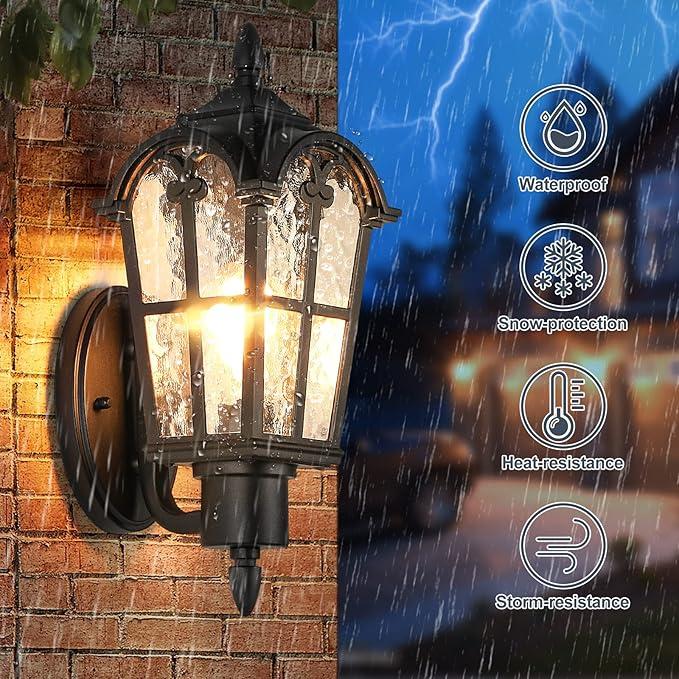 Sucolite Outdoor Wall Light Fixtures Wall Mounted, Exterior Waterproof Porch Lights Wall Lanterns, Outside Wall Sconces with Water Ripple Glass for House Front Door Garage, Retro Vintage Style,