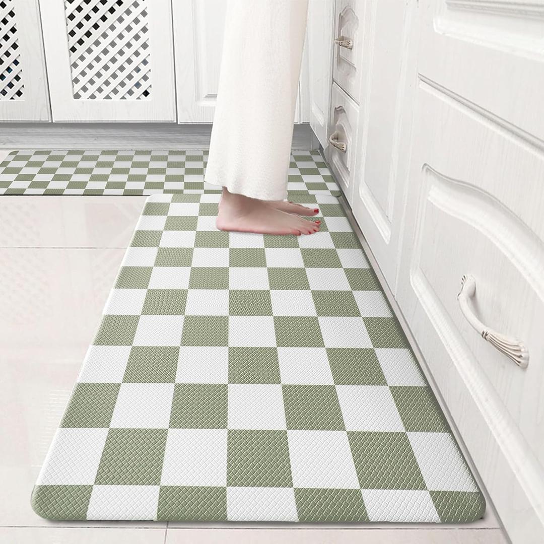 Sage Green Checkered Grid Checkerboard Kitchen Rug Sets [2 PCs], Anti-Fatigue, Waterproof Non-Slip Kitchen Mats Heavy Duty Comfort Foam Rug for Kitchen, Floor, Home,Laundry,17"x29"+17"x47"