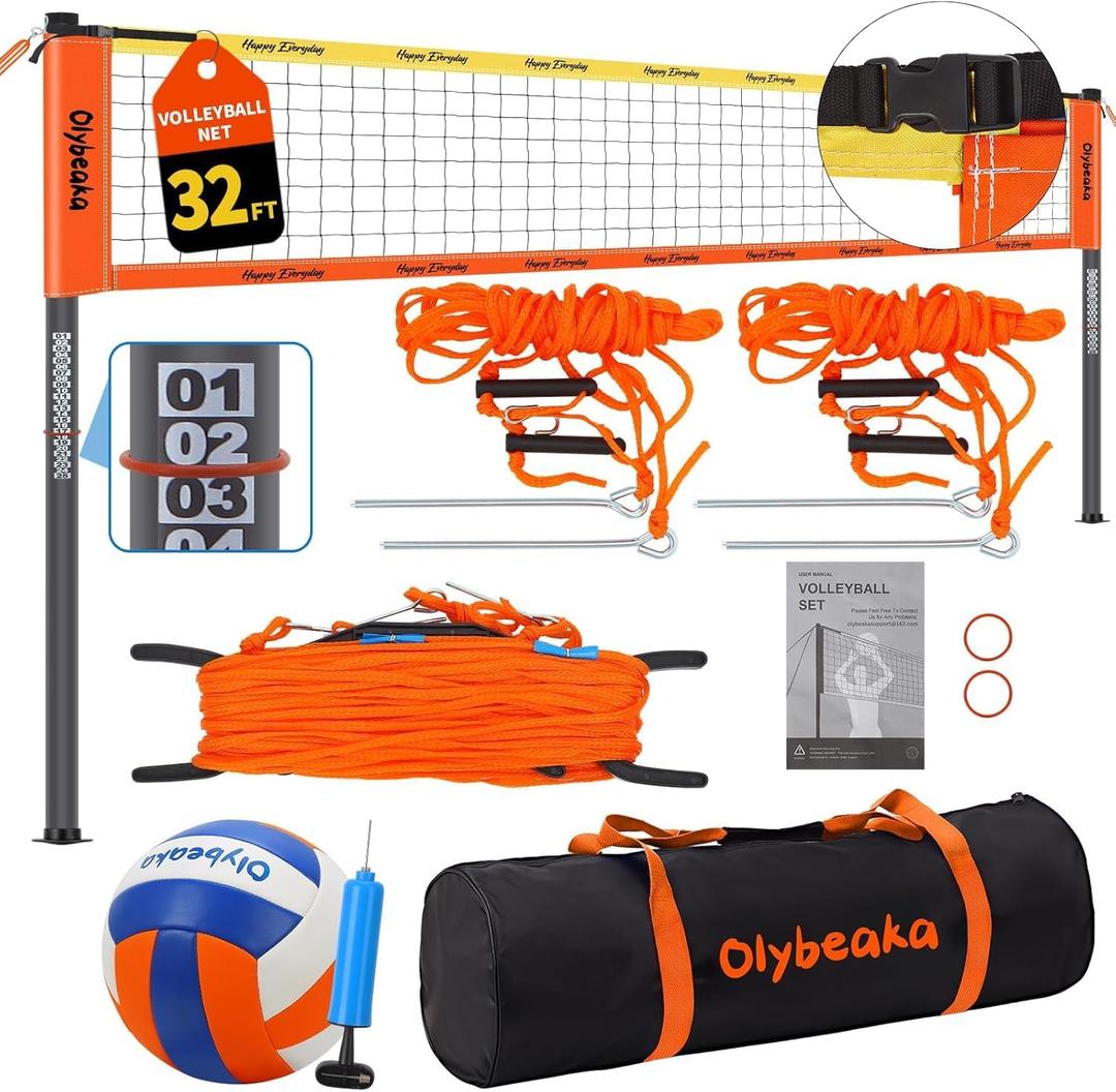 32ft / 20ft Portable Outdoor Volleyball Net Set for Grass Backyard Beach with 1.25" Height Adjustable Steel Poles, 28-ply Durable PE Net, PU Volleyball & Pump, Carry Bag