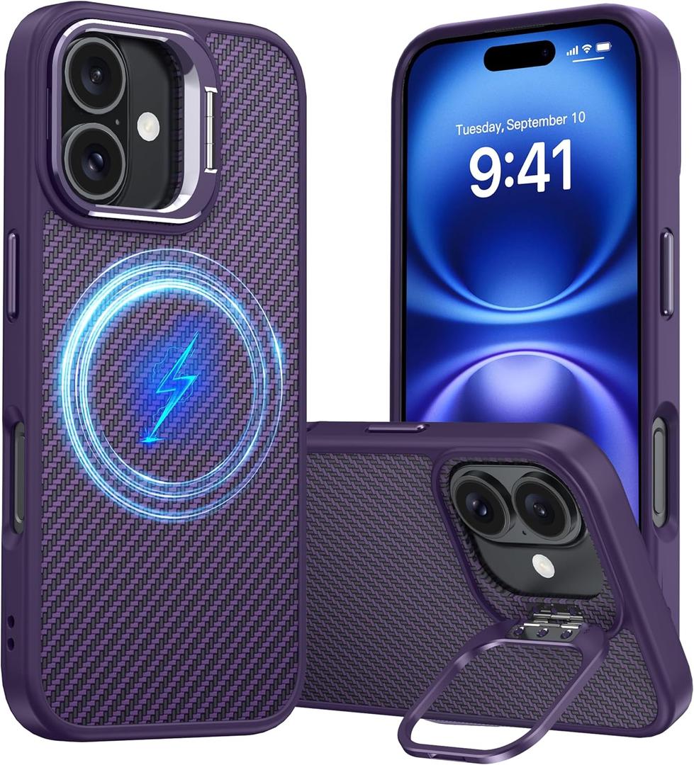 Magnetic for iPhone 16 Case Carbon Fiber Skin SensationCompatible with magsafeMetal Lens Kickstand Dropproof Sturdy Carbon Fiber PatternWireless Charging Case for iPhone 16 Purple
