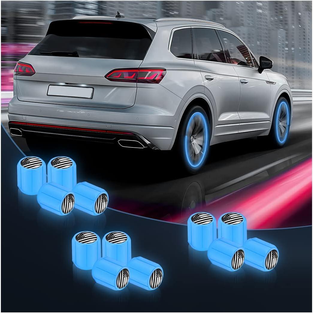 12PCS Luminous Car Tire Valve Stem Caps, American Flag Valve Stem Caps, Universal Dustproof Corrosion Resistant Air Caps Cover, Auto Accessories Fit for Motorcycles SUV Trucks Bicycles (Blue/Flag) (Blue/Flag)