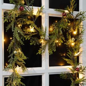 6 FT Artificial Christmas Garland, Faux Spruce Evergreen Garland with 20 LED Lights, Red Gold Ball Ornaments and Stars, Lighted with Timer, Perfect for Christmas Indoor Outdoor Decoration