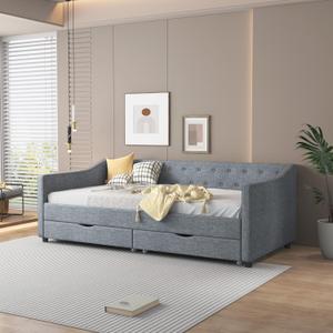 Acosure Twin Daybed Frame with 2 Storage Drawers, Upholstered Sofa Bed W/ Button & Nailhead Tufted Design, Wood Slats Support, Linen Fabric Bedframe for Living Room Bedroom Apartment, Light Gray