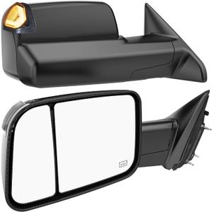 Switchback Signal Tow Mirrors Compatible with Dodge Ram 1500(2009-2018) 2500 3500(2010-2018), Power Heated Flip Up Extended Trailer Towing Side Mirrors w/Puddle Light, Smoked Lens Carbon Grey Housing