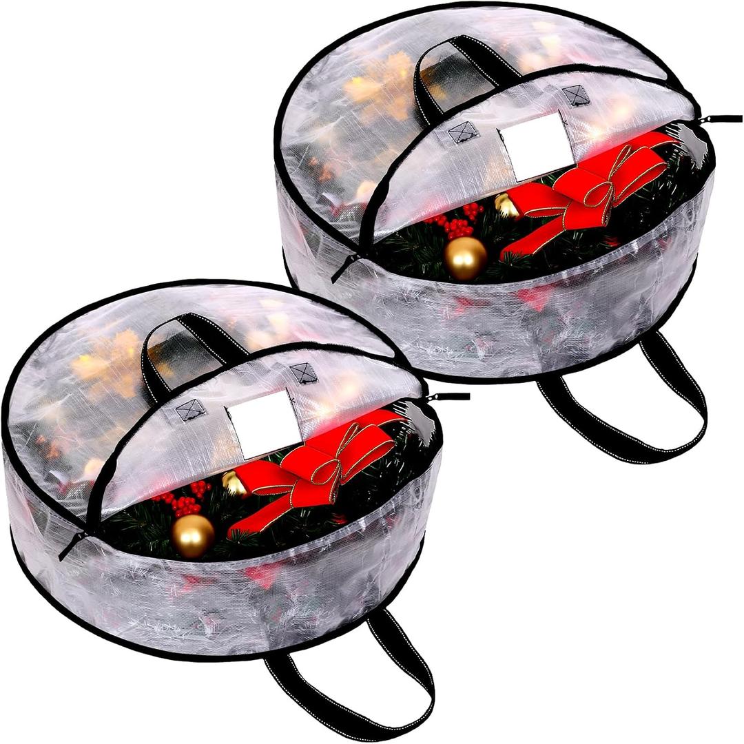 2 Pack Clear Christmas Wreath Storage Container, 24 x 8 Inch Wreath Storage Bag with Sturdy Handle and Dual Zip