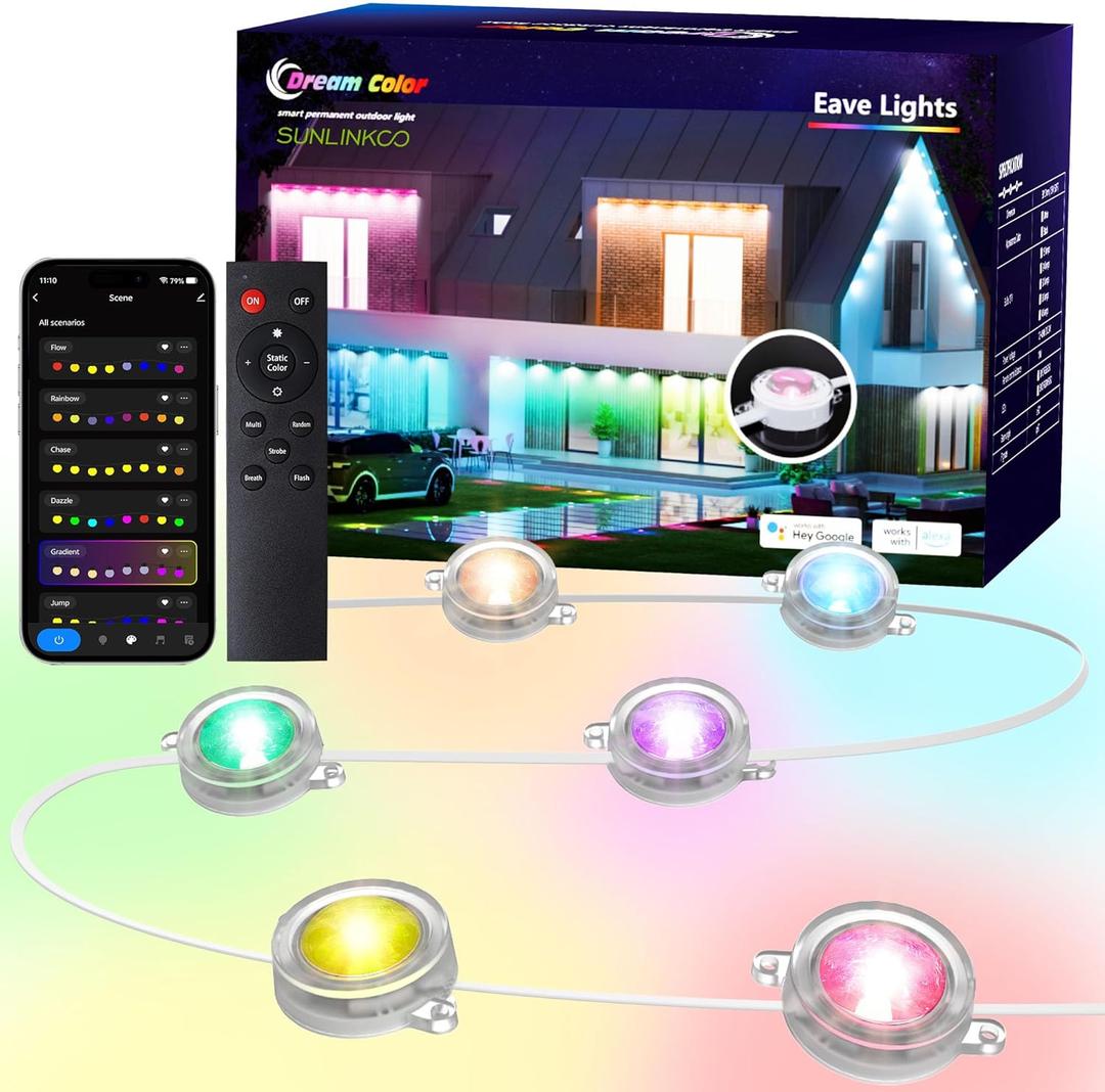 RGB+IC Permanent Outdoor Lights, 100Ft Smart Eave Lights, String Lights, IP67 Waterproof for House Garden Christmas Decor Birthday Gift with Alexa, Google Assistant APP/Remote Control