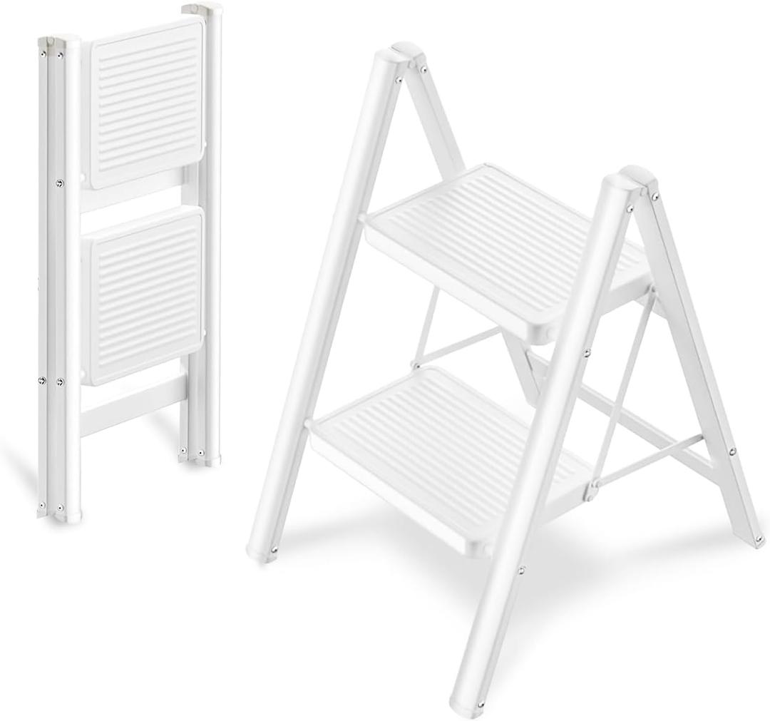 2 Step Ladder Folding Step Stool, OOSOFITT 330 Lbs Load Heavy Duty Stepping Stool for Adults, Small Two Step Ladder for Kitchen/Closet/Home Foldable, Lightweight Indoor Ladders with Wide Pedal White
