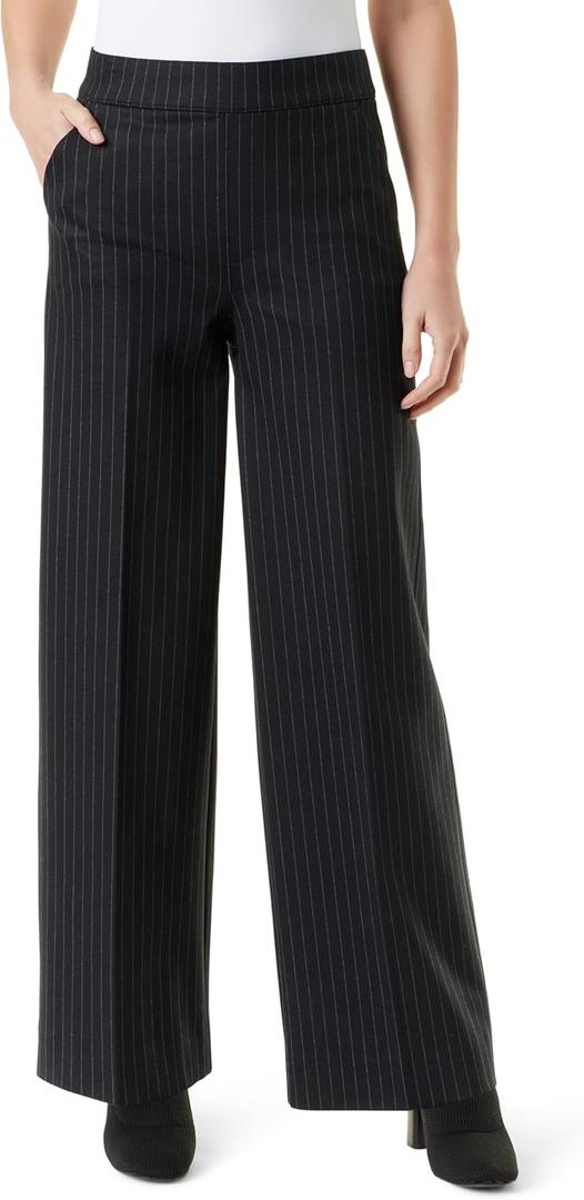 Gloria Vanderbilt Women's Pull on Wide Leg High Rise Ponte Trouser Pant Standard (Black- Bridgette Pinstripe)