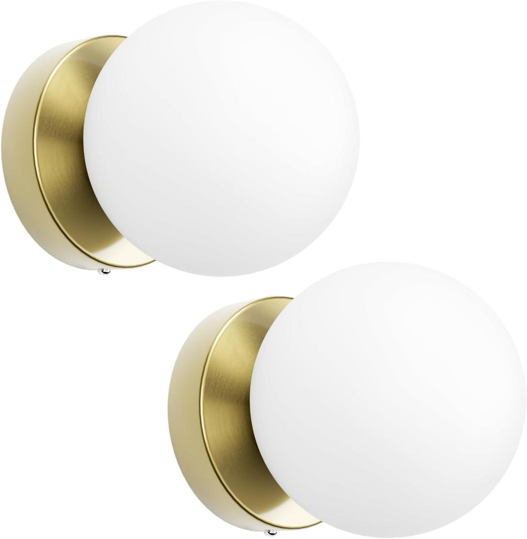 Aoceley Globe Wall Sconces Set of Two Aged Brass Sconces Mid Century Wall Light Globe Glass Brass Vintage Wall Light for Bathroom Bedroom Hallway Living Room(G9 Base)