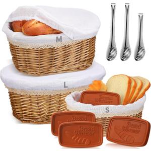 Havawish 3 Pack Wicker Bread Baskets Winter Gifts Handmade Serving Woven Baskets with Warmer Stones Removable Liner Cover Tongs 3 Sizes for Home Kitchen Housewarming Gifts