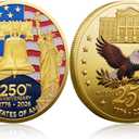 250th Anniversary Commemorative Coins - Golden American Flag & Liberty Bell Design Collectible Coins, Durable Metal Anniversary Coins for Display, Collectors & Gift Idea (1pc)