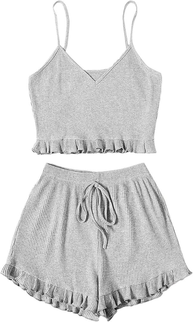 Avanova Women Sexy 2 Piece Pajama Set Ruffle Trim Cami Top and Shorts Sleepwear Set (Gray, XXL)