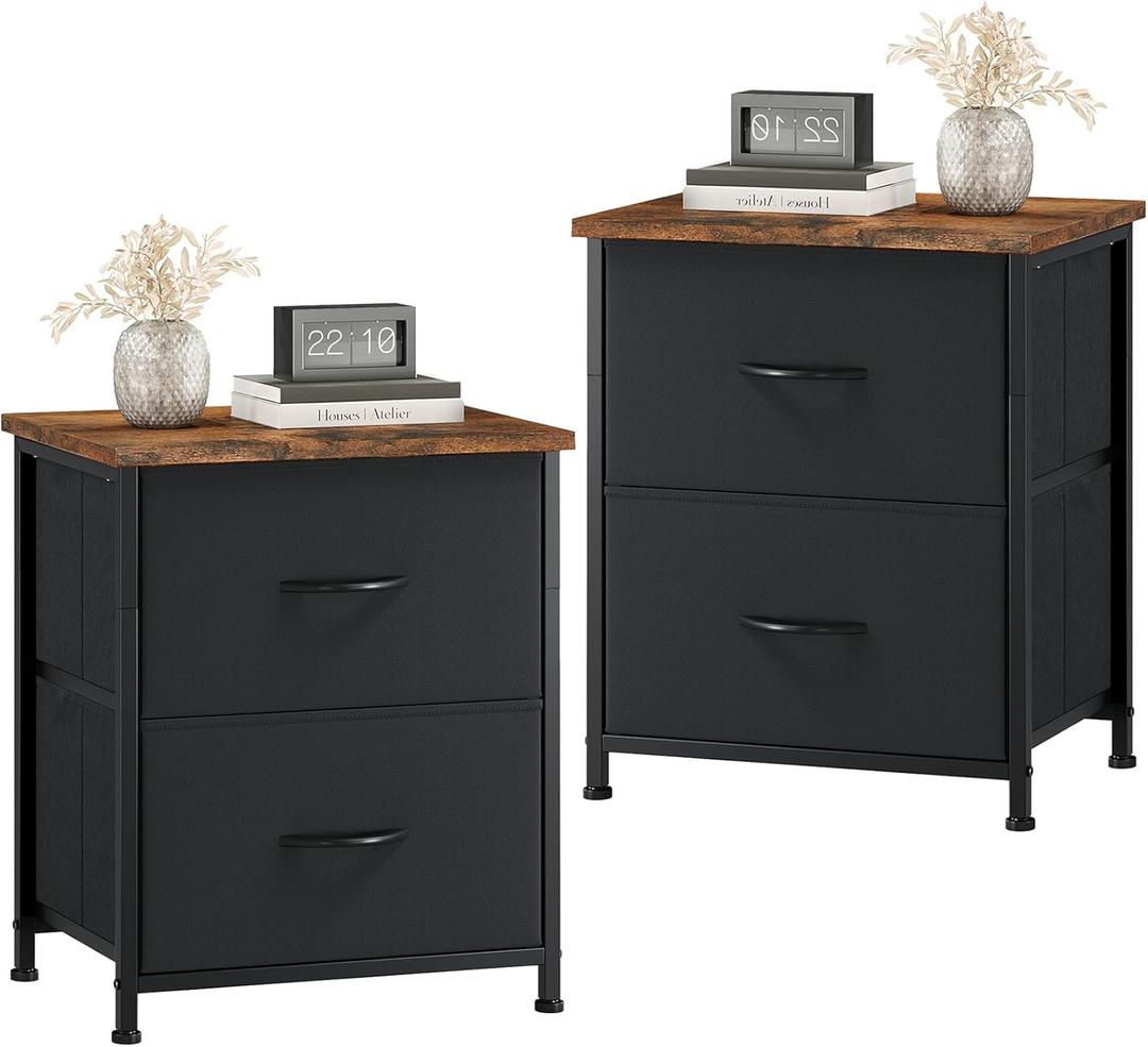 Somdot Nightstand Set of 2, Small Dresser for Bedroom with 2 Drawers, Bedside Table Night Stand End Table with Fabric Bins for Bedroom Kids Closet Dorm Guest Room, Black Rustic Brown