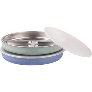 Stainless Steel Divided Plates + Silicone Sleeve and Storage Lid | Baby, Toddler, Kids | Dinner & Snack Plates | 2 Pack (Misty Blue/Sage)