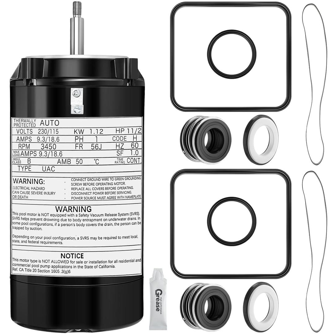 UST1152 Pool Pump Motor 115/230V 1.5 Horsepower Replacement Motor Single Speed 60HZ with O Ring Seal Repair Kit Compatible with Swimming Pool Pumps