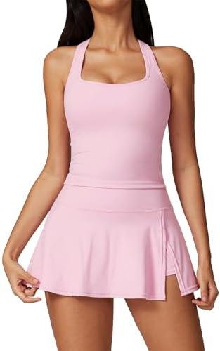 ABOCIW 2 Piece Tennis Dresses for Women Side Slit Mini Skirt Set Racerback Workout Crop Tank Top Golf Outfits, Size XS