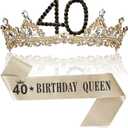 40th Birthday Crown and Sash for Women, 40 Tiara Headband, Black Gold 40th Birthday Decorations Gifts Favors for Female Friends Sister Daughter Wife Mom