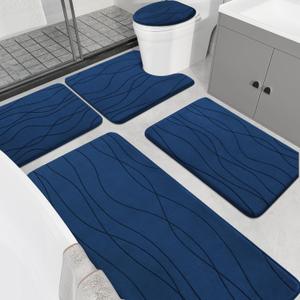 YIHOUSE Memory Foam Blue Bathroom Rug Sets 5 Piece, Ultra Absorbent Bath Mat for Bathroom - Non-Slip Machine Washable & Dry Quickly, 5 Piece Bathroom Mat Set, Navy Blue