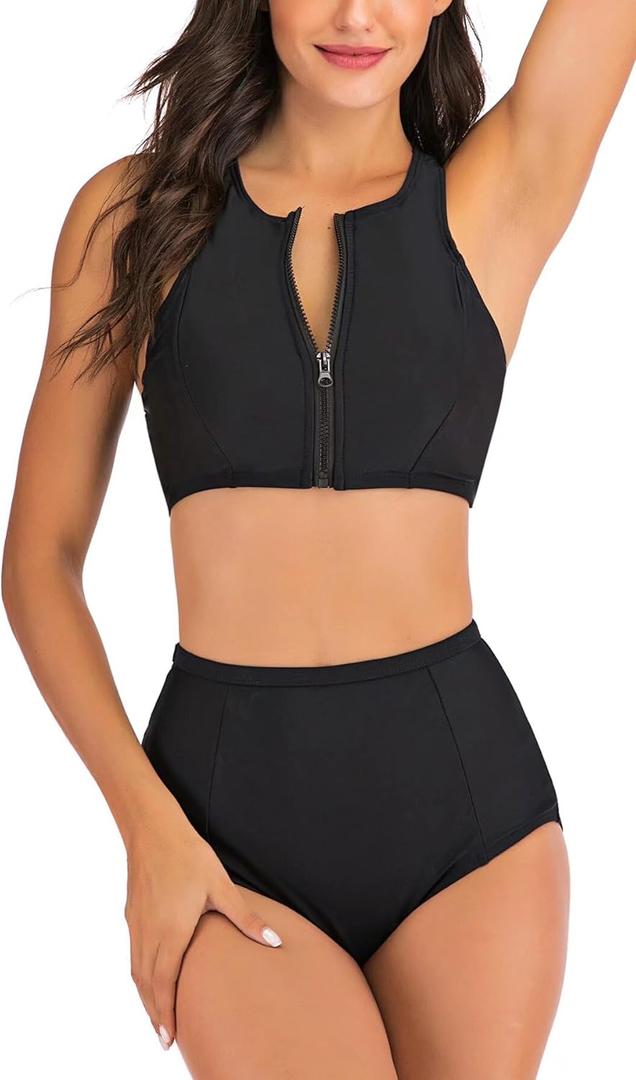 Women Two Pieces Crop Top Bikini Sets Chic Pretty Swimsuit (XX-Large, Black Zip)