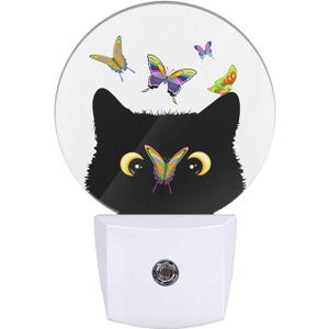 EKOBLA Cat and Butterflies Night Lights Plug into Wall Butterfly on Cat Nose Cute Kitten Plug-in Nightlights with Dusk to Dawn Sensor Led Nightlight for Teens Boys Girls Room (1.14"D x 2.95"W x 4.95"H, Spring Butterfly Flowers)