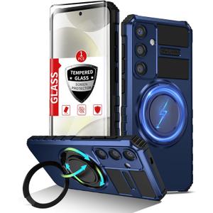 for Samsung Galaxy S24 Case Compatible Wireless Charging Magnetic, with 1 Screen Protector, for S24 Phone Case Built-in 360Kickstand Ring Military Grade Shockproof Heavy Duty Protection Blue