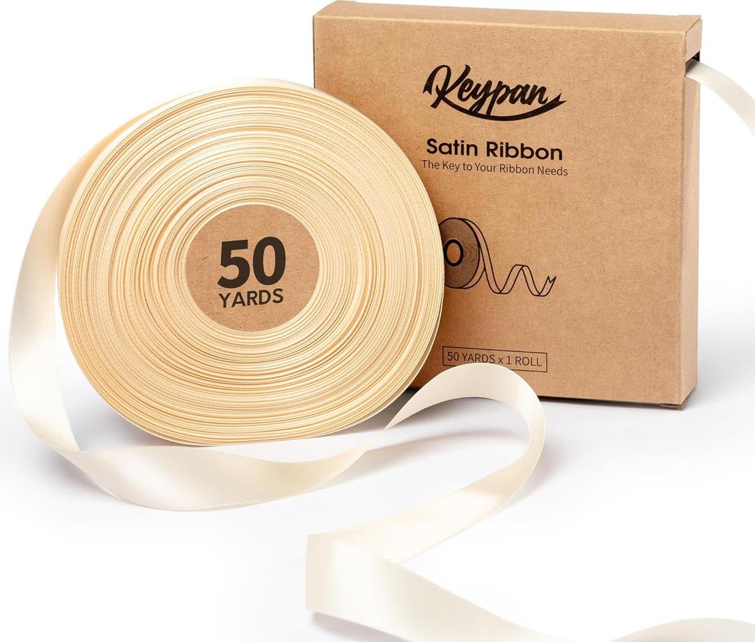 Keypan Ivory Satin Ribbon 7/8 Inch x 50 Yards Double-Faced Polyester Cream Ribbons for Christmas Gift Wrapping Bows Crafts Floral Bouquet Wedding Invitations