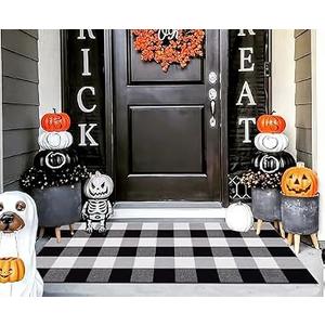 Black and White Outdoor Rug 24''X 51'' Fall Front Porch Rug Cotton Woven Washable Checkered Layering Door Mat for Door Mats Outdoor Porch Entryway Bedroom Living Room