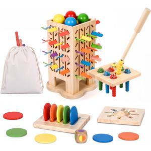 Montessori Toys Wooden Board Games for Kids 4-6, 5-in-1 Fine Motor Skills Educational Games for 3 4 5 6 Year Olds, Colorful Wooden Stick Game with Dice, Family Travel Games for Boys Girls