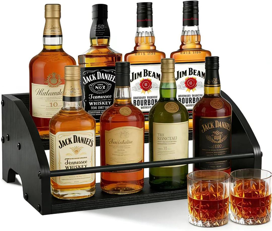 Wooden Liquor Bottle Display Shelf, Coffee Syrup Rack Organizer, 2 - Step Countertop Wine Rack, Rustic Mini Bar Cabinet, Home Retro Bar Shelf Stand for Liquor Whiskey, Spirits (Black)