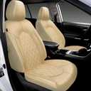 CAROMOP Luxury PU Leather Car Seat Covers Front Set, Anti-Stain Waterproof Automotive Seat Covers for Cars, Universal Car Interior Covers Seat Protectors for SUVs Pick-up Trucks (Beige/Beige Line)