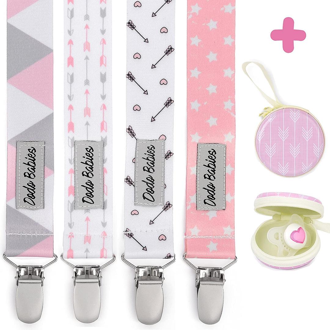 Dodo Babies Pacifier Clip & Case Set - Universal Holder Loop & Pacifier Holder - Secure Binkie Clip for Bibs & Car Seat - Durable Water-Resistant Straps for Baby Essentials - 5-Piece Set, Pink & Gray (Pink,Grey,White)