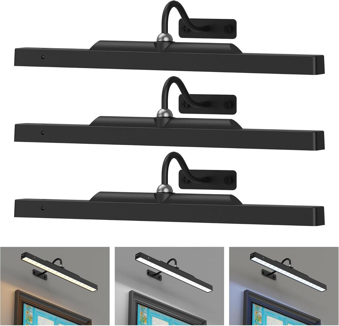 3Pack Picture Light Battery Operated, 16in Picture Light for Wall, 5000mAh Cordless Wall Lights with Controller, Art Light with Dimmable Cordless for Wall Painting, Frame, Portrait, Dartboard- Black